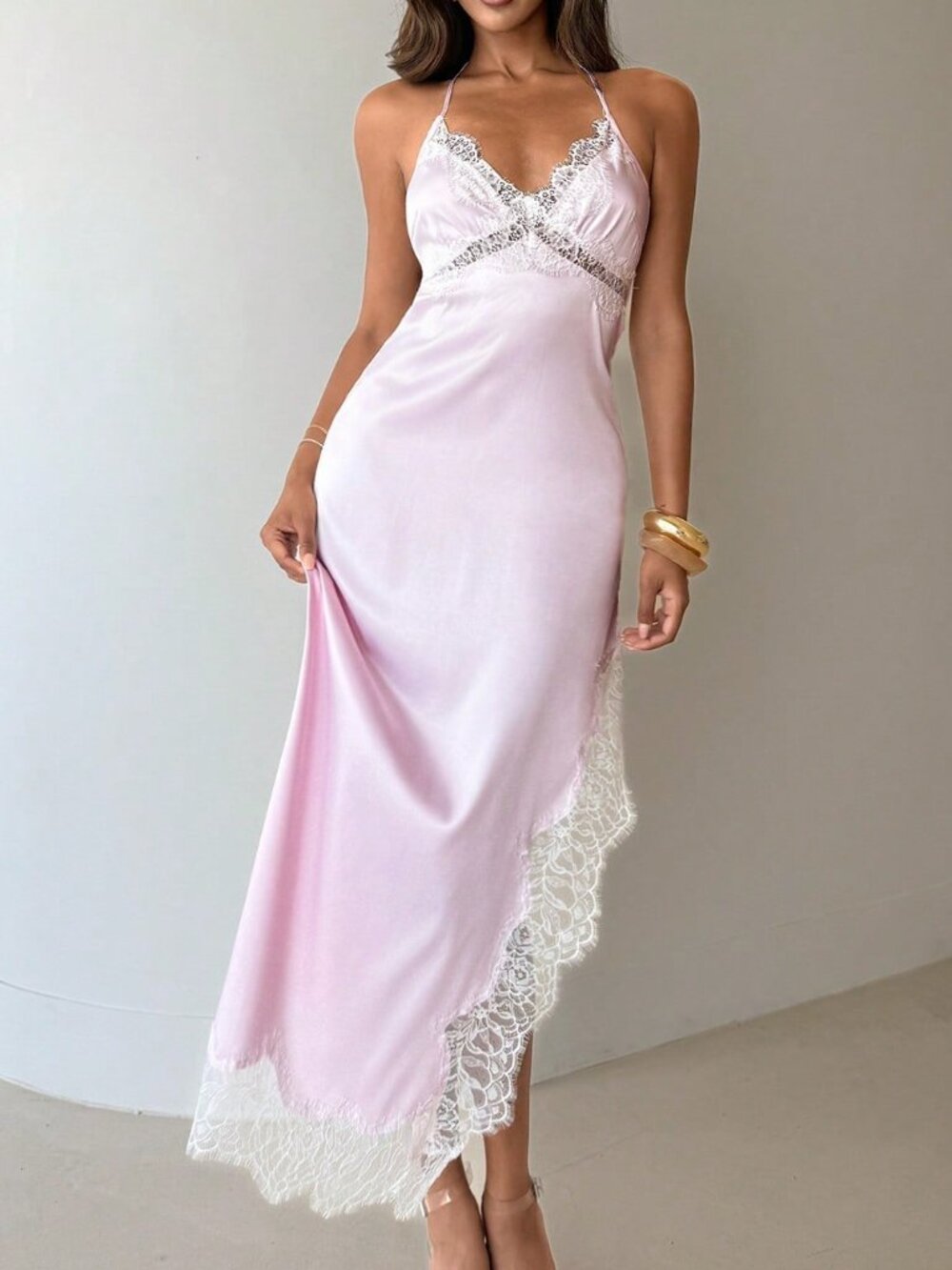 Baby Pink V-Neck Halter Tie Women's Satin Lace Dress - Picture 5 of 9